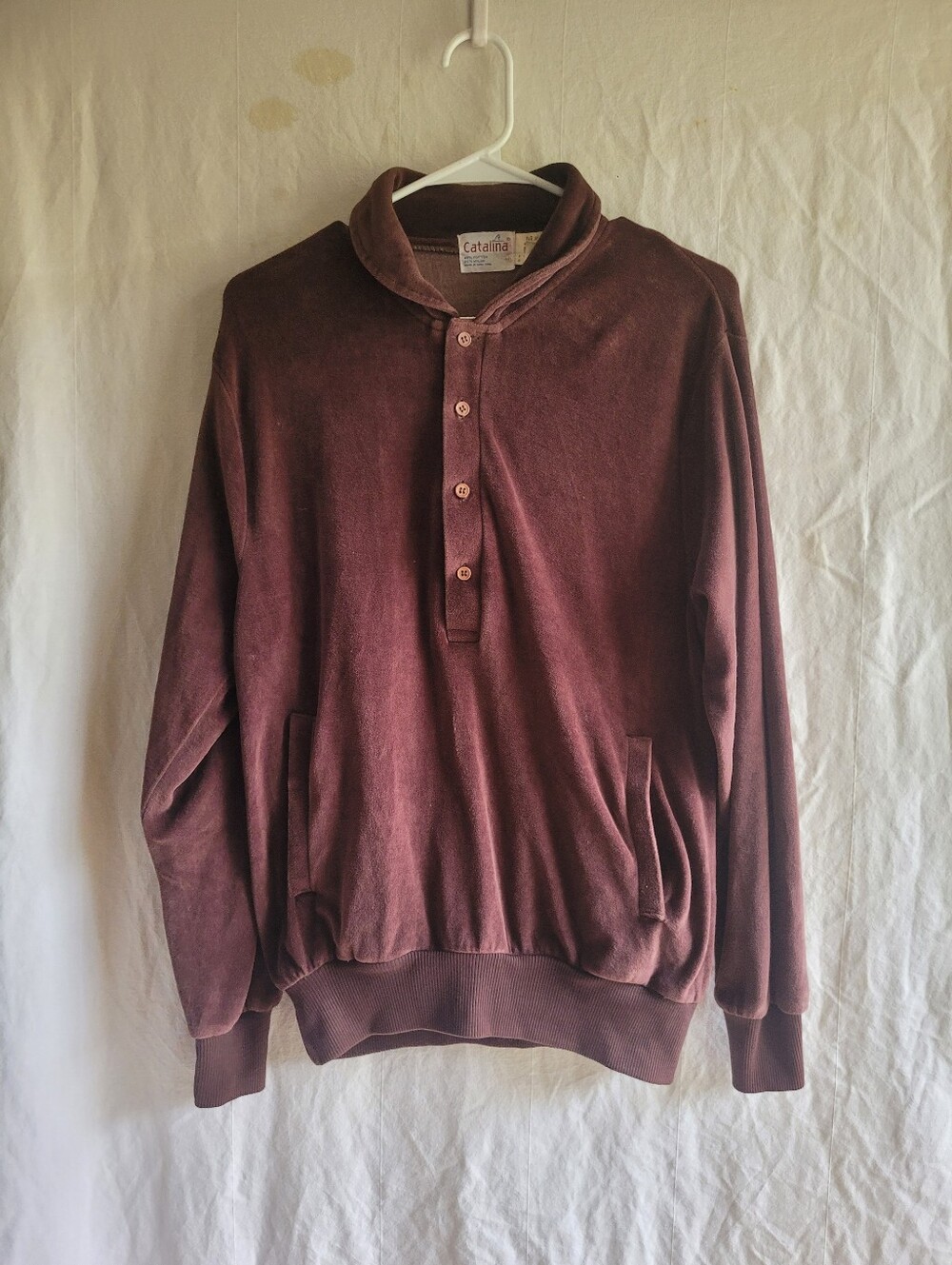 Vintage Catalina Velour Long Sleeve Shirt Mens Medium Chocolate Brown 3 Button